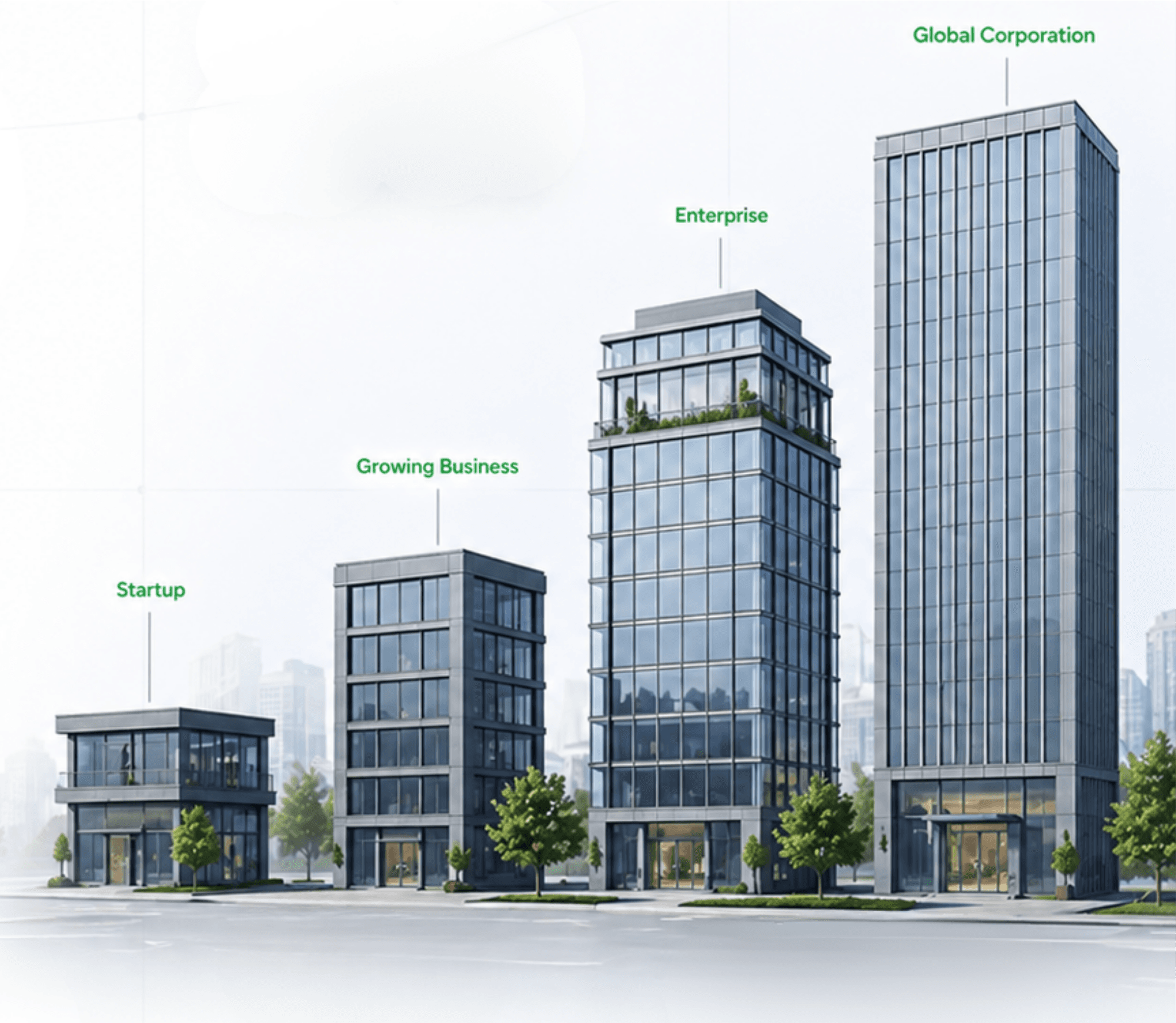 Startup to Global Corporation — business growth journey illustrated by buildings rising from startup to enterprise scale